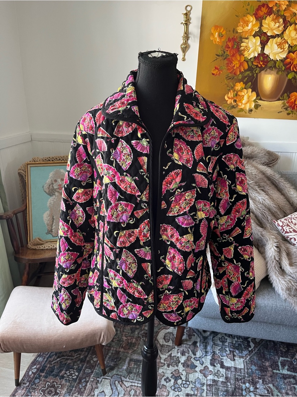 Women’s Vintage Black Quilted Jacket with Pink Floral Fan Print Size L